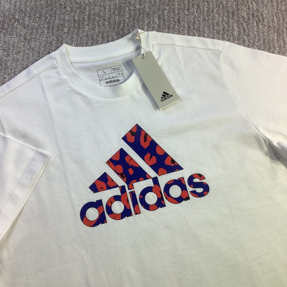 Adidas Womens Animal Print Logo T-Shirt White Size L NWT